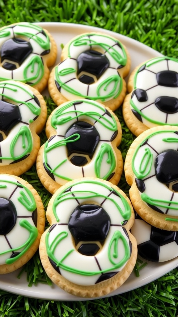 Decorated number 8 soccer cookies on a platter, resembling soccer balls with green and white icing.
